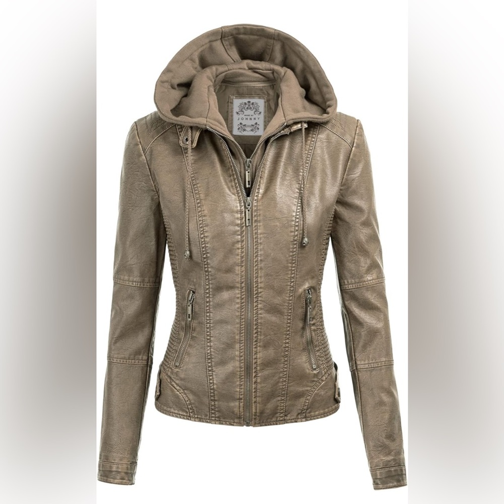 Johnny Faux Leather Jacket Women Motorcycle Coat for Biker with Removable Hood